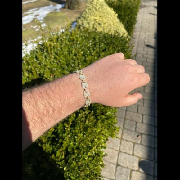 14k Gold Real 925 Sterling Silver Mens Iced Puffed Gucci Link Bracelet Diamond - Picture 5 of 9